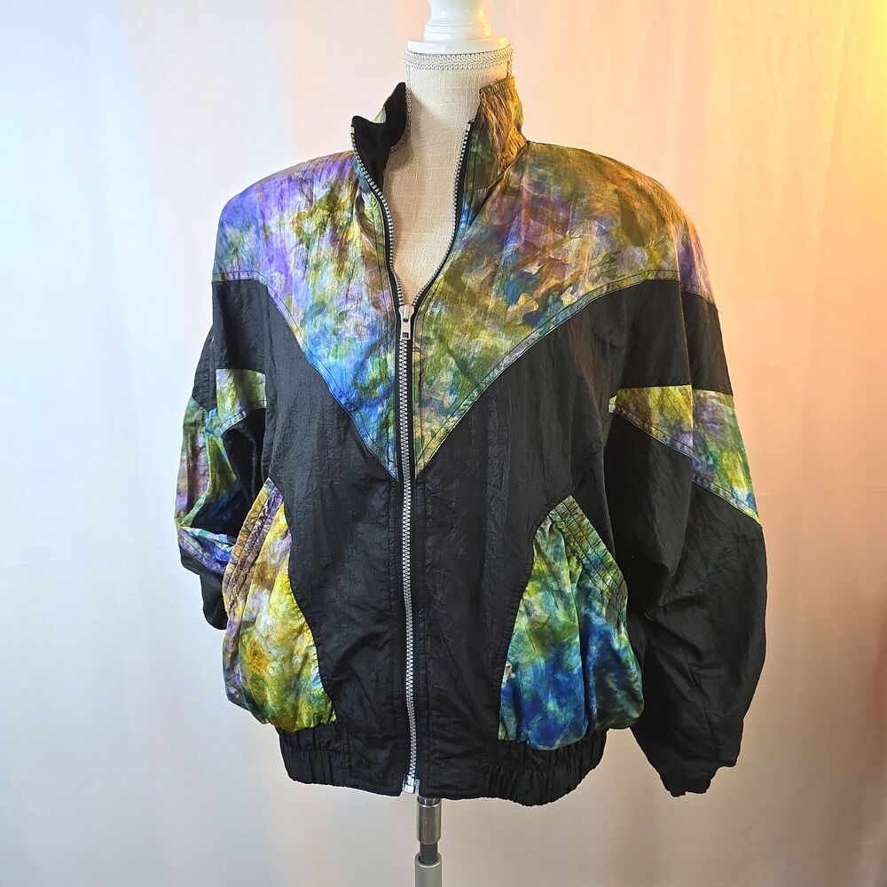 Vintage RE Sport Women's Windbreaker Size M Black w Multicolor Panels Rad 80s